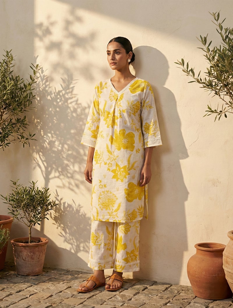 trueBrowns White Yellow Floral Print Kurta Pant Set - Image 1